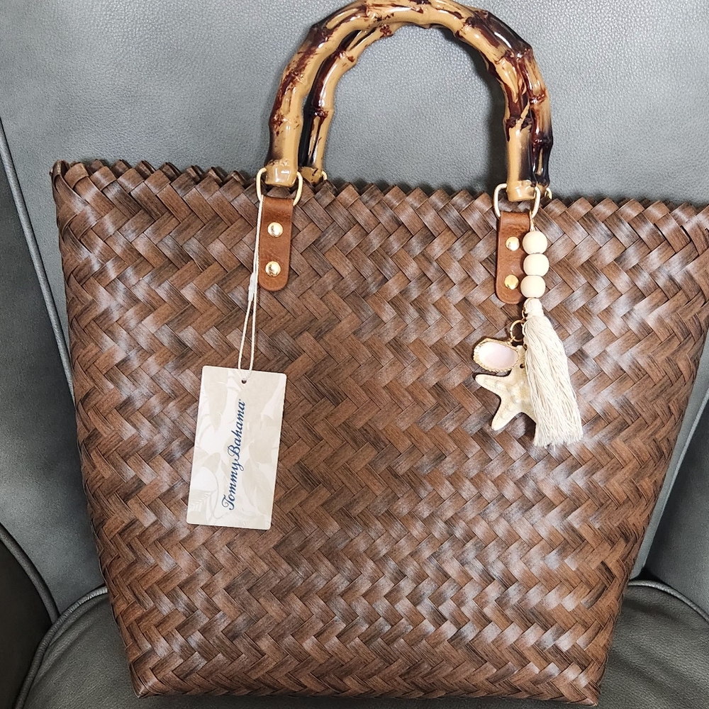 Tommy Bahama Brown Woven Tote with Bamboo-Style Handles and Tassel Charm - Picture 2 of 5